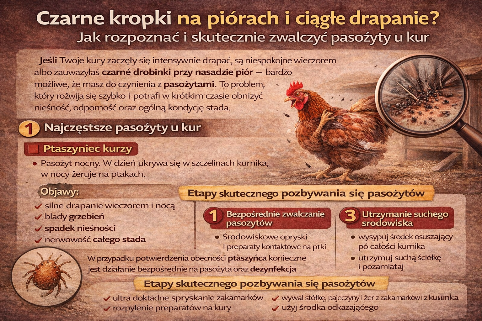 Czarne kropki na piórach i ciągłe drapanie Jak rozpoznać pasożyty u kur zanim problem wymknie się spod kontroli.