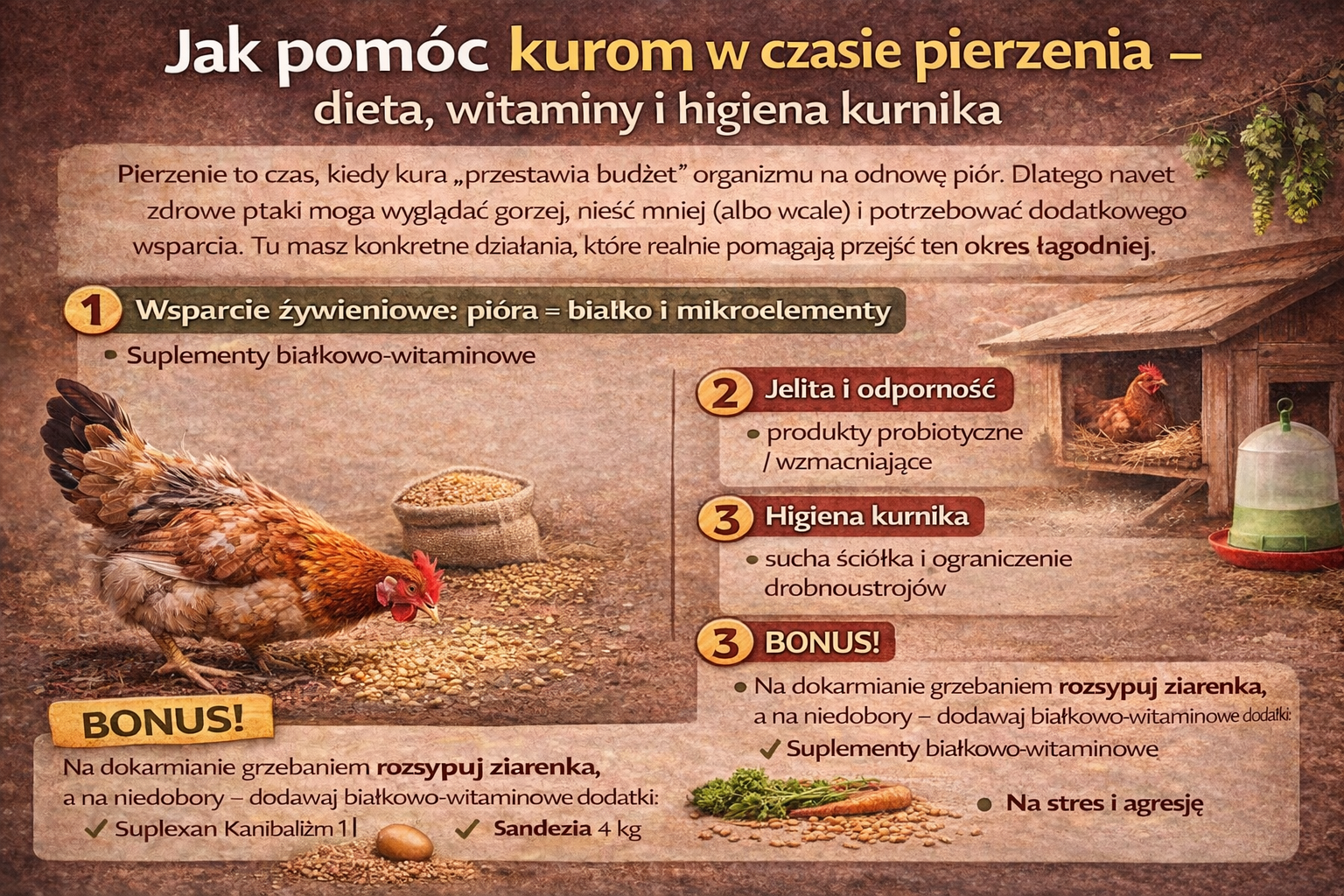 Jak pomóc kurom w czasie pierzenia – dieta, witaminy i higiena kurnika