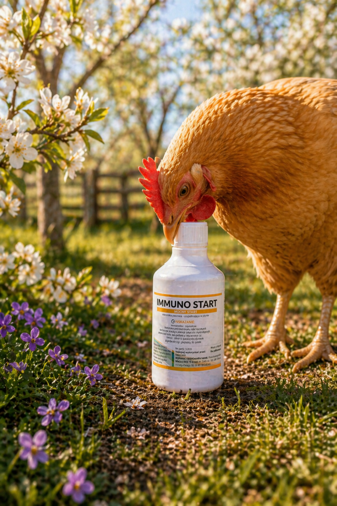 Kurczak w ogrodzie z butelką IMMUNO START