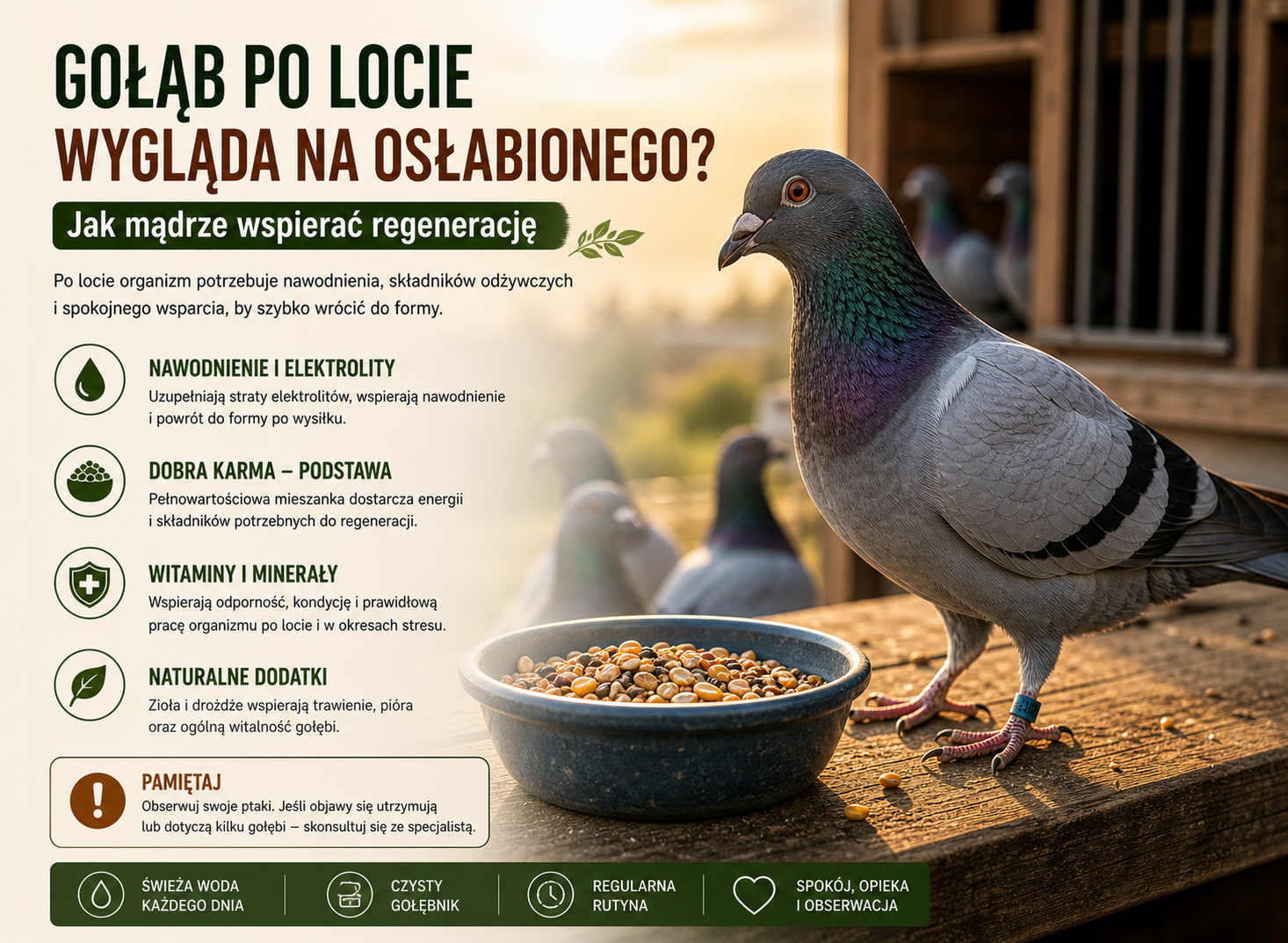 Gołąb po locie wygląda na osłabionego Jak mądrze wspierać regenerację