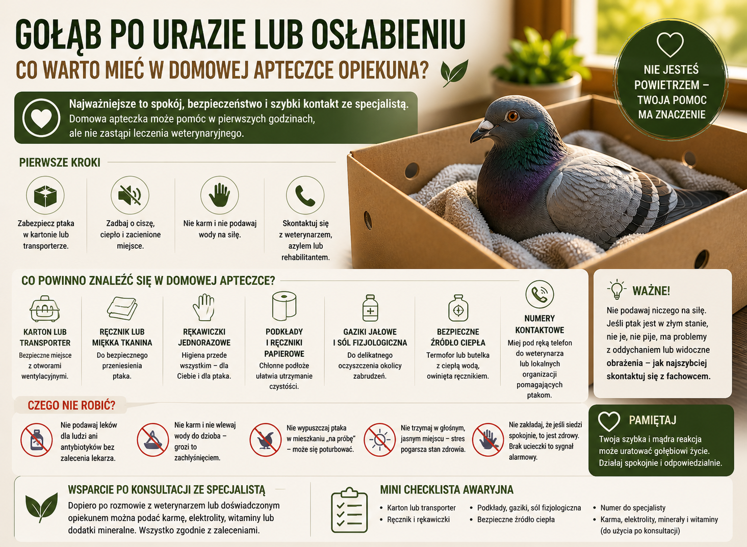 Gołąb po urazie lub osłabieniu — co warto mieć w domowej apteczce opiekuna