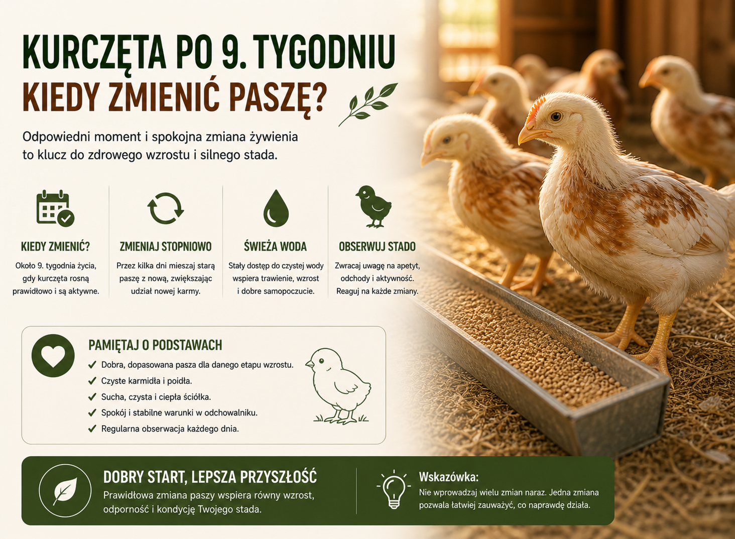 Kurczęta po 9. tygodniu — kiedy zmienić paszę i jak zrobić to bezpiecznie
