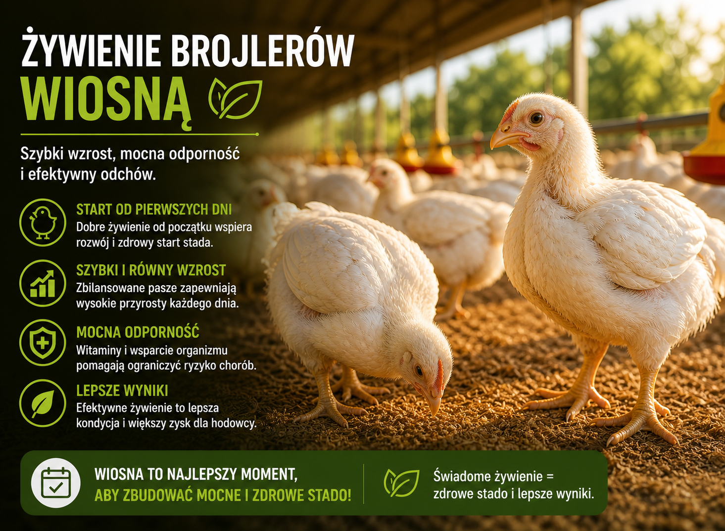 Żywienie brojlerów wiosną – szybki wzrost, mocna odporność i efektywny odchów