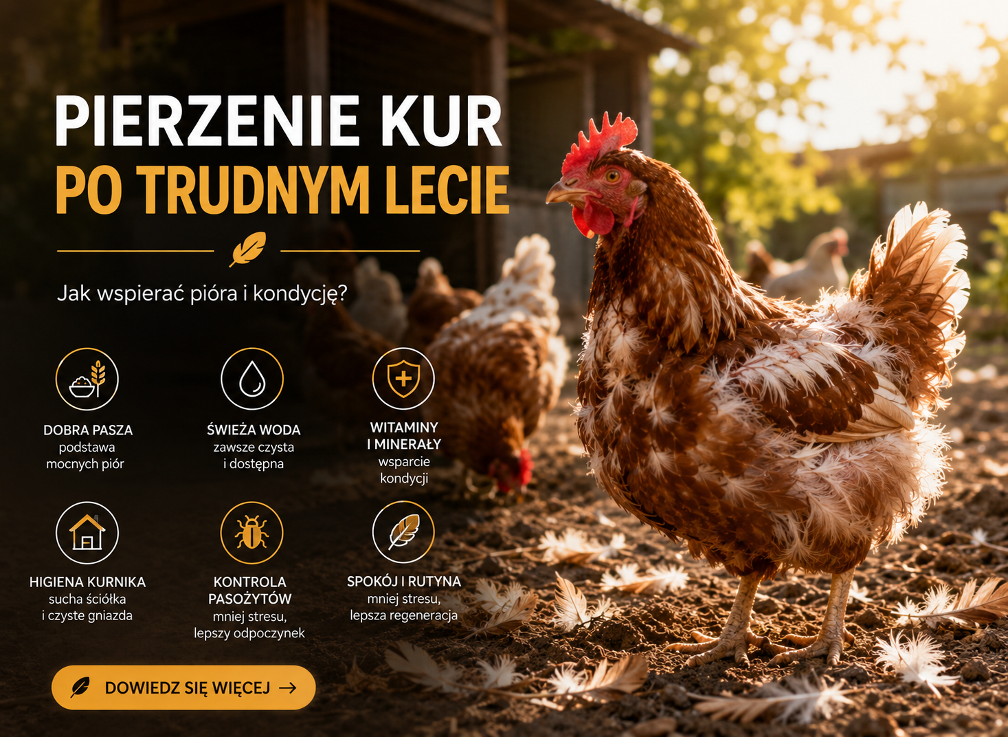 Pierzenie kur po trudnym lecie — jak wspierać pióra i kondycję