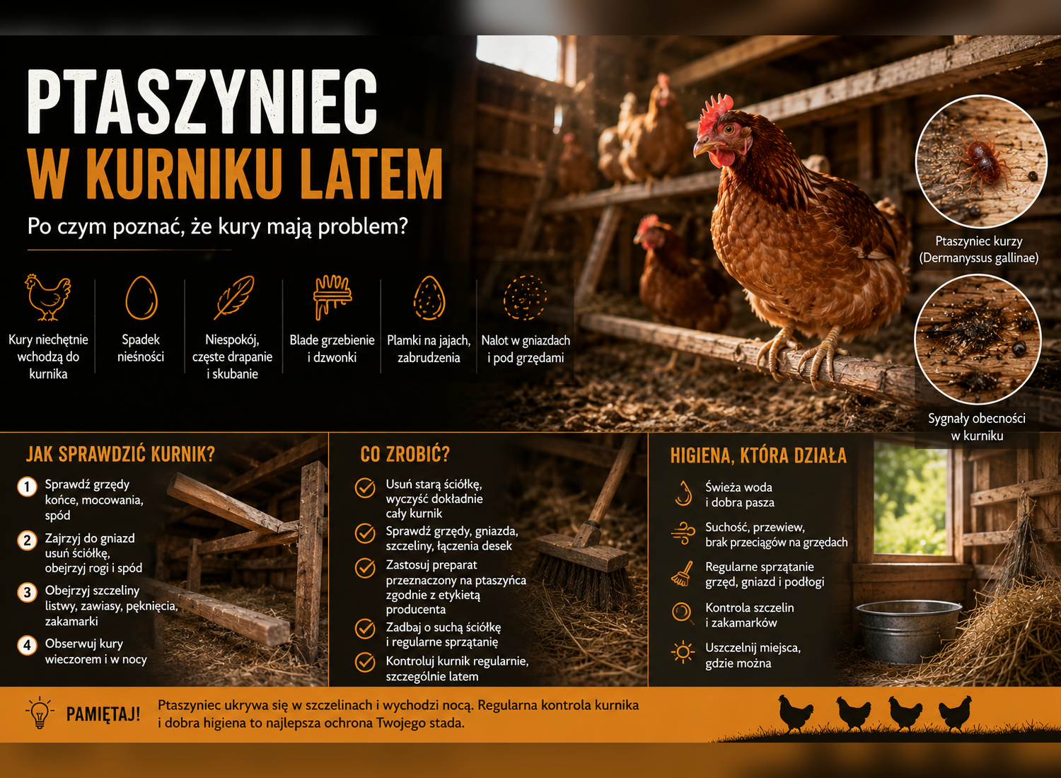 Ptaszyniec w kurniku latem — po czym poznać, że kury mają problem